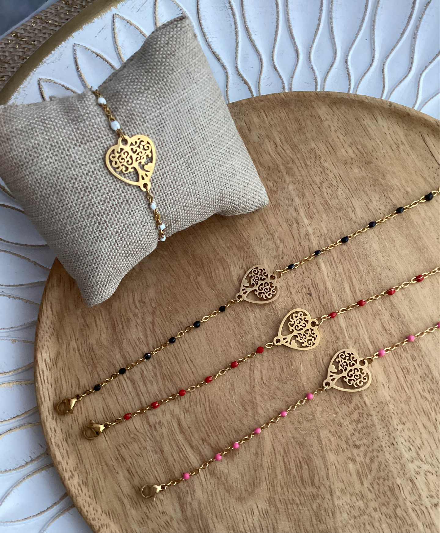 Bracelet Chainette doré  émail Noir ou Blanc Arbre de vie ❤ Fait main ❤