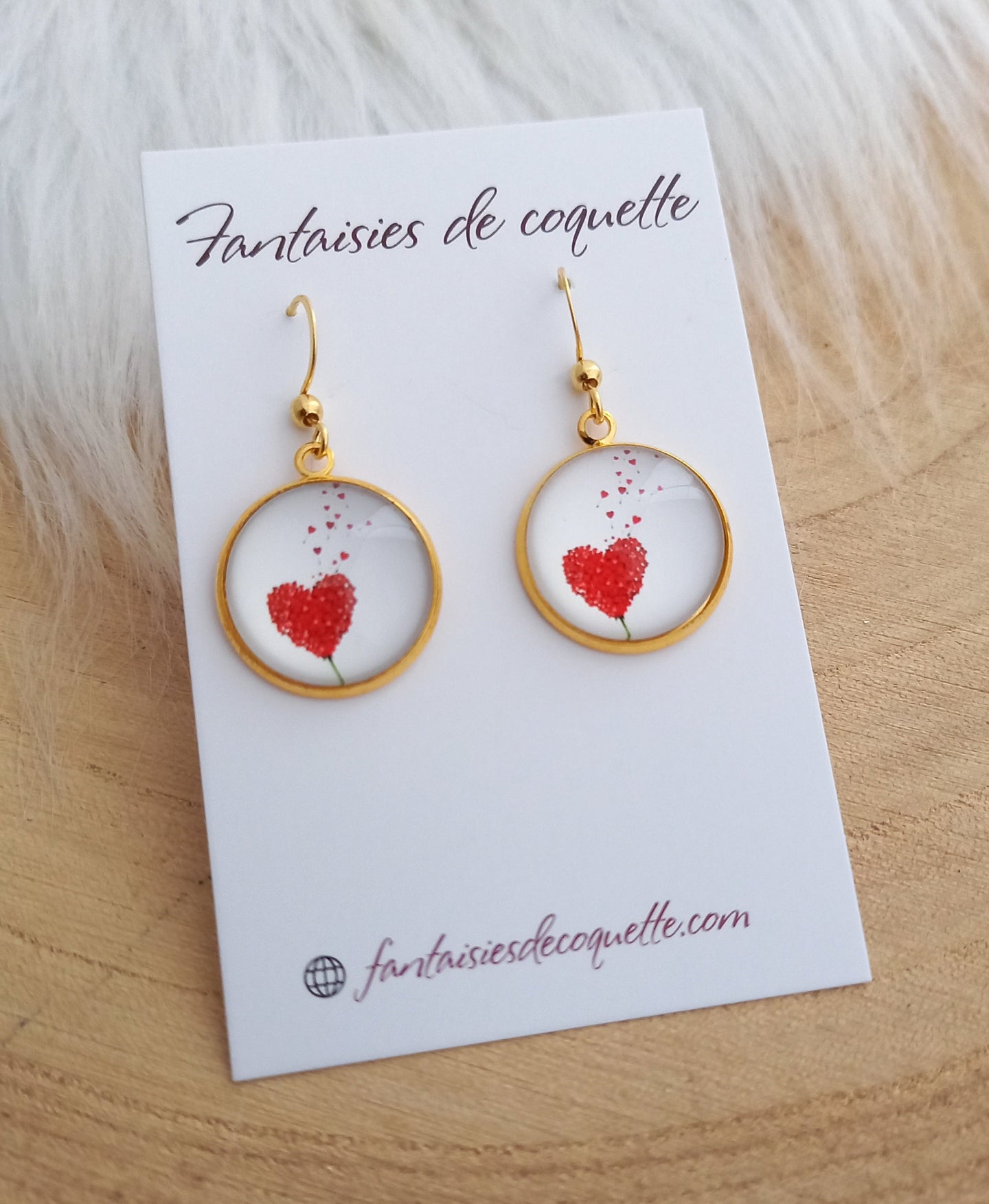 Boucles d'oreilles  illustrées  Coeur rouge Love Acier inoxydable doré ❤ Fait main ❤