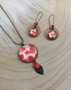 Parure Fleur coquelicot Sautoir  Pendentif bronze & boucles d'oreilles assorties ❤ Fait main   ❤ Rouge Blanc noir