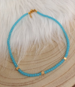 Collier choker Perles de verre   acier inoxydable doré   Bleu  ❤ Fait main ❤