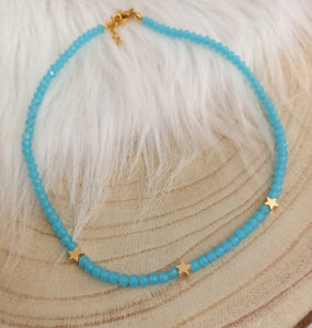 Collier choker Perles de verre   acier inoxydable doré   Bleu  ❤ Fait main ❤