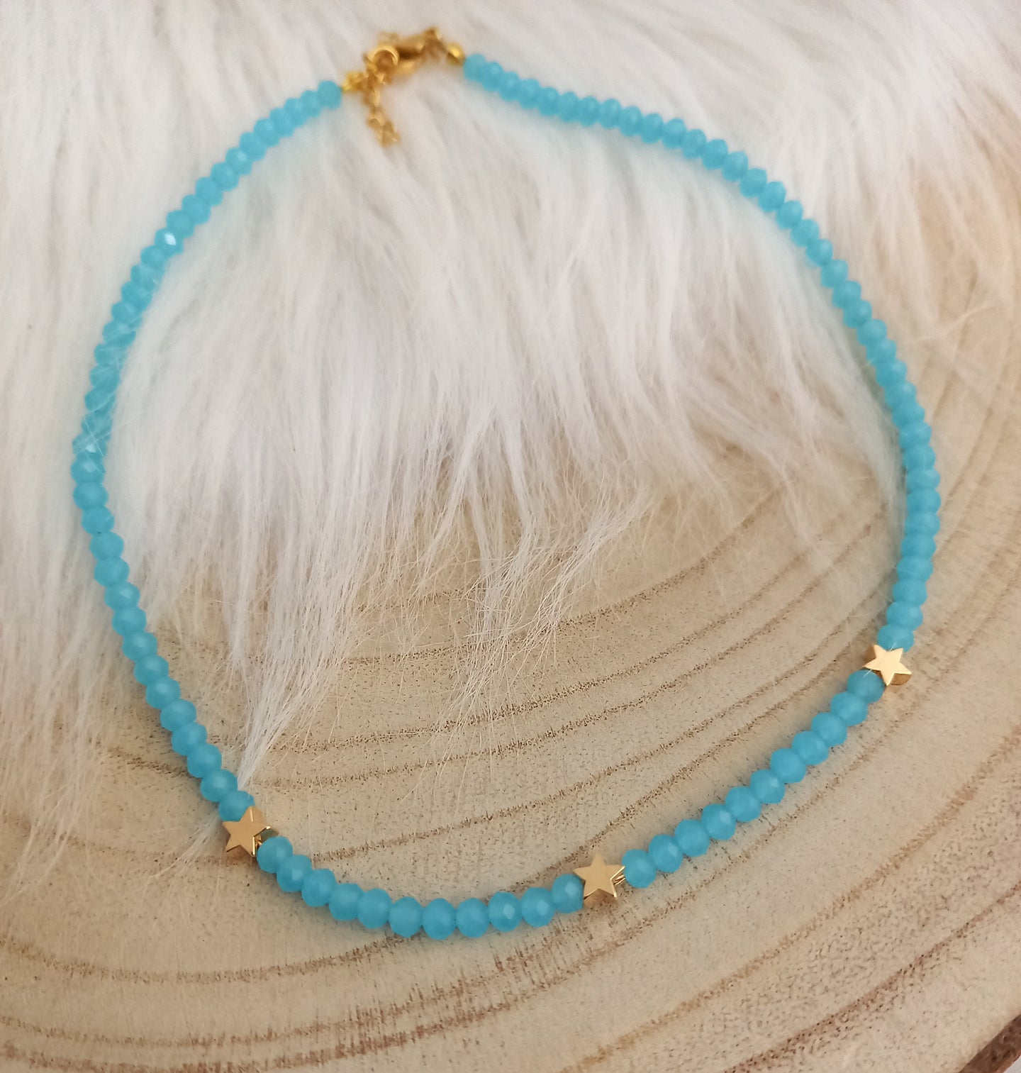 Collier choker Perles de verre   acier inoxydable doré   Bleu  ❤ Fait main ❤