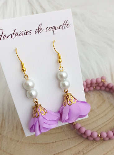 Boucles d'oreilles dorées 🌟  Fleur tissu mauve violet  ❤ Fait main ❤