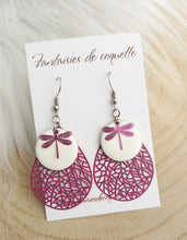 Charger l&#39;image dans la galerie, Boucles d&#39;oreilles  argentées Blanc Mauve   Libellules Fait-main