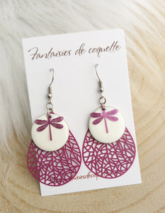 Boucles d'oreilles  argentées Blanc Mauve   Libellules Fait-main