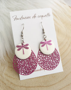 Boucles d'oreilles  argentées Blanc Mauve   Libellules Fait-main