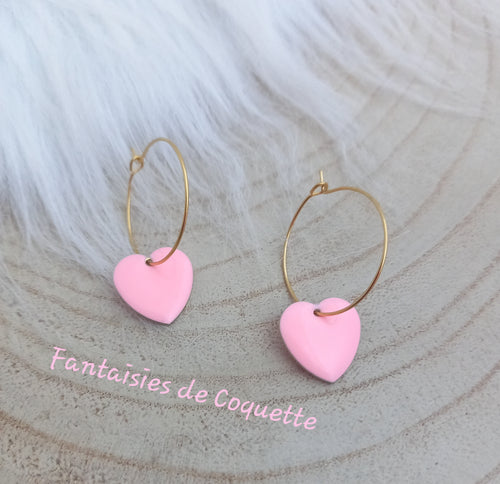 Boucles d'oreilles    Créoles dorées Coeur rose 💗