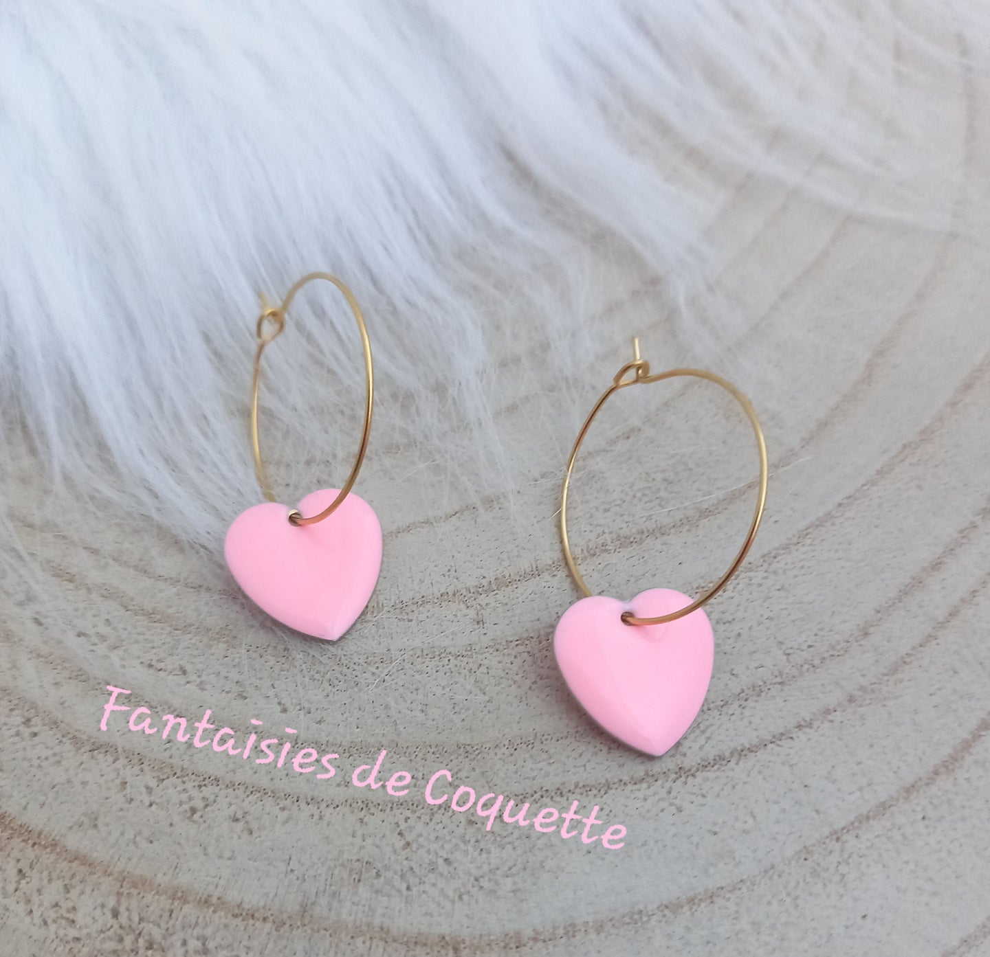 Boucles d'oreilles    Créoles dorées Coeur rose 💗