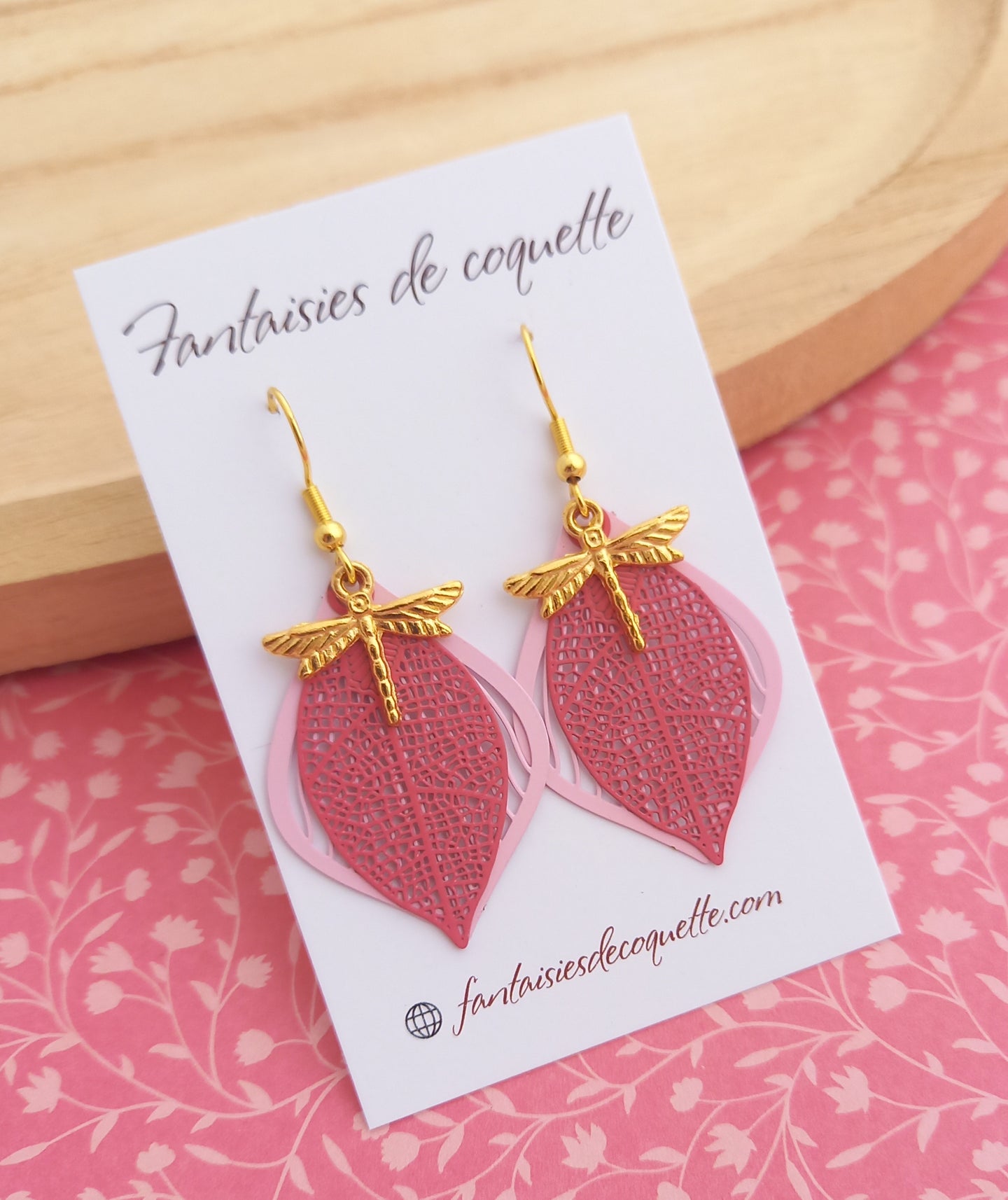 Boucles d'oreilles  Libellule  Rose   Doré ❤️ ❤ Fait main ❤