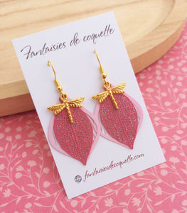 Boucles d'oreilles  Libellule  Rose   Doré ❤️ ❤ Fait main ❤