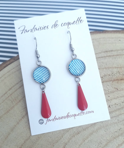 Boucles d'oreilles illustrées  Marinière ❤  Fait main ❤ bleu marine blanc rouge