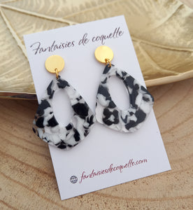 Boucles d'oreilles Clous   Solene Résine  Noir Blanc Doré ❤ Idée cadeau