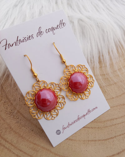 Boucles d'oreilles dorées Fleur céramique rouge 🌟    🌟