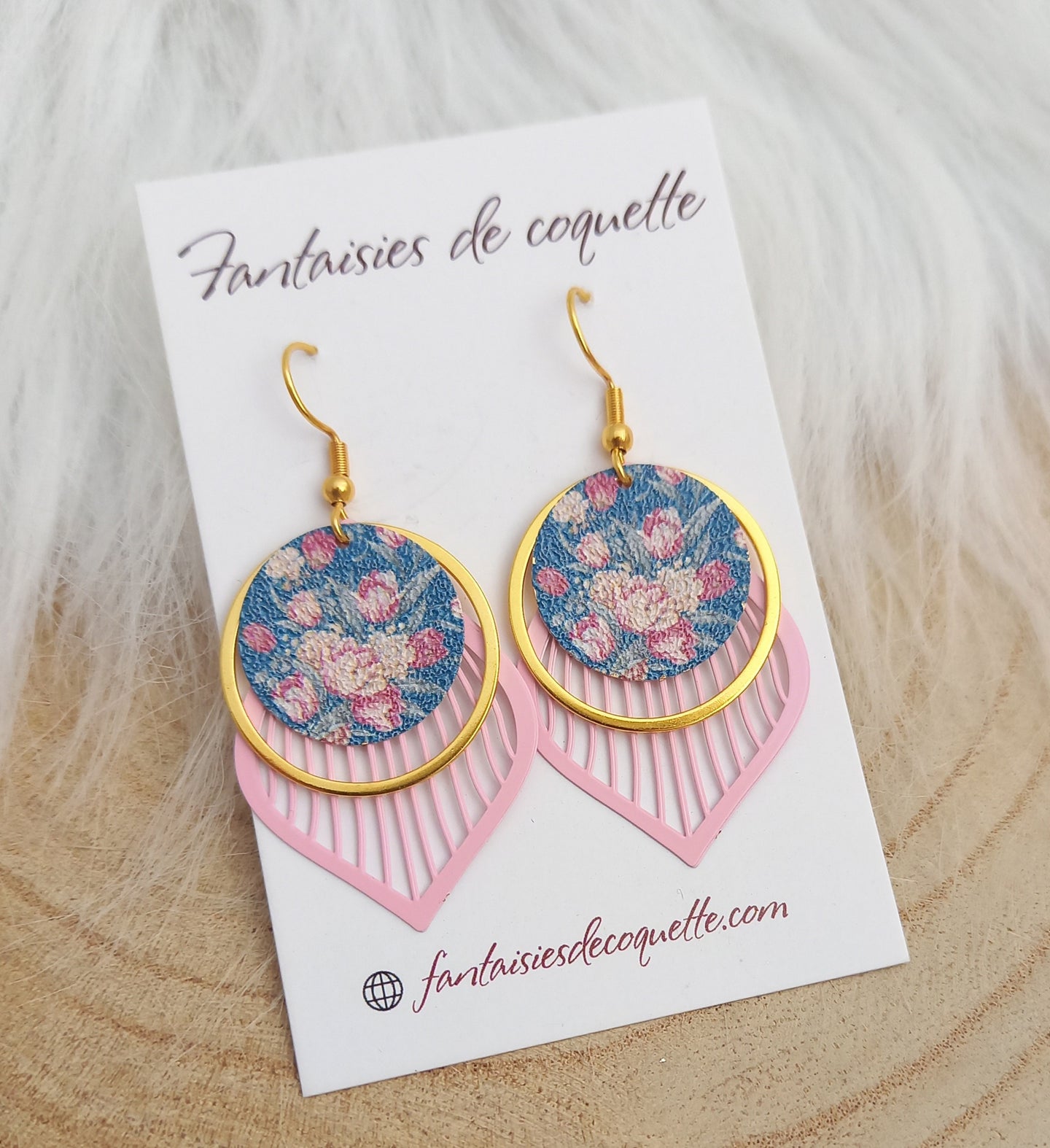 Boucles d'oreilles fleuries   ❤   Illustration fleurs    Bleu & Rose ❤ Doré Bleu