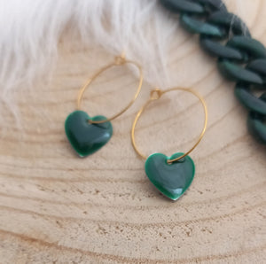 Boucles d'oreilles    Créoles dorées Coeur vert  Fait-main coeurs