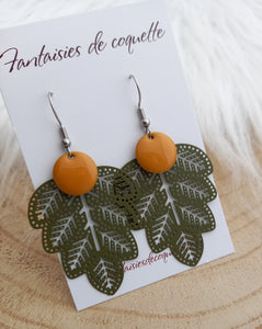 Boucles d'oreilles  Feuilles  vert kaki Moutarde  ❤  Fait main  ❤