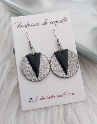 Boucles d'oreilles    Tissu cuir    Noir gris argenté   ❤ Fait main ❤