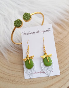 Boucles d'oreilles  Libellule  Vert Blanc Doré ❤️ ❤ Fait main ❤