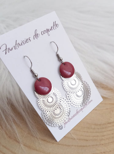 Boucles d'oreilles  Pendantes  Maelle  argentées ❤ Fait main ❤ Lie de vin