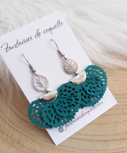 Boucles d'oreilles Chanelle     Argenté  vert   ❤ Fait main ❤ Éventail tissu