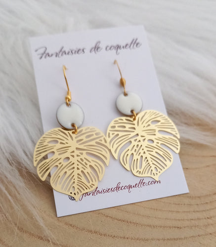 Boucles d'oreilles Tropicales Monstera Blanc dorées ❤ Fait main ❤