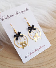 Charger l&#39;image dans la galerie, Boucles d&#39;oreilles   Les Petits Chats  Noeud  Noir  ❤ doré