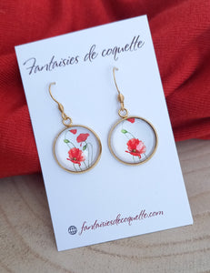 Boucles d'oreilles  asymétriques dorées  illustrées fleur  Coquelicot Fait-main ❤ dépareillées