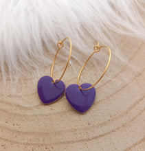 Charger l&#39;image dans la galerie, Boucles d&#39;oreilles    Créoles dorées Coeur Violet Fait-main coeurs