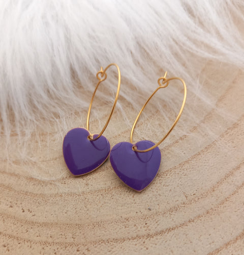 Boucles d'oreilles    Créoles dorées Coeur Violet Fait-main coeurs