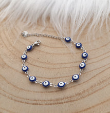 Charger l&#39;image dans la galerie, Bracelet Chainette argenté émail Oeil grec  ❤ Fait main ❤ Bleu Blanc