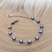 Charger l&#39;image dans la galerie, Bracelet Chainette argenté émail Oeil grec  ❤ Fait main ❤ Bleu Blanc