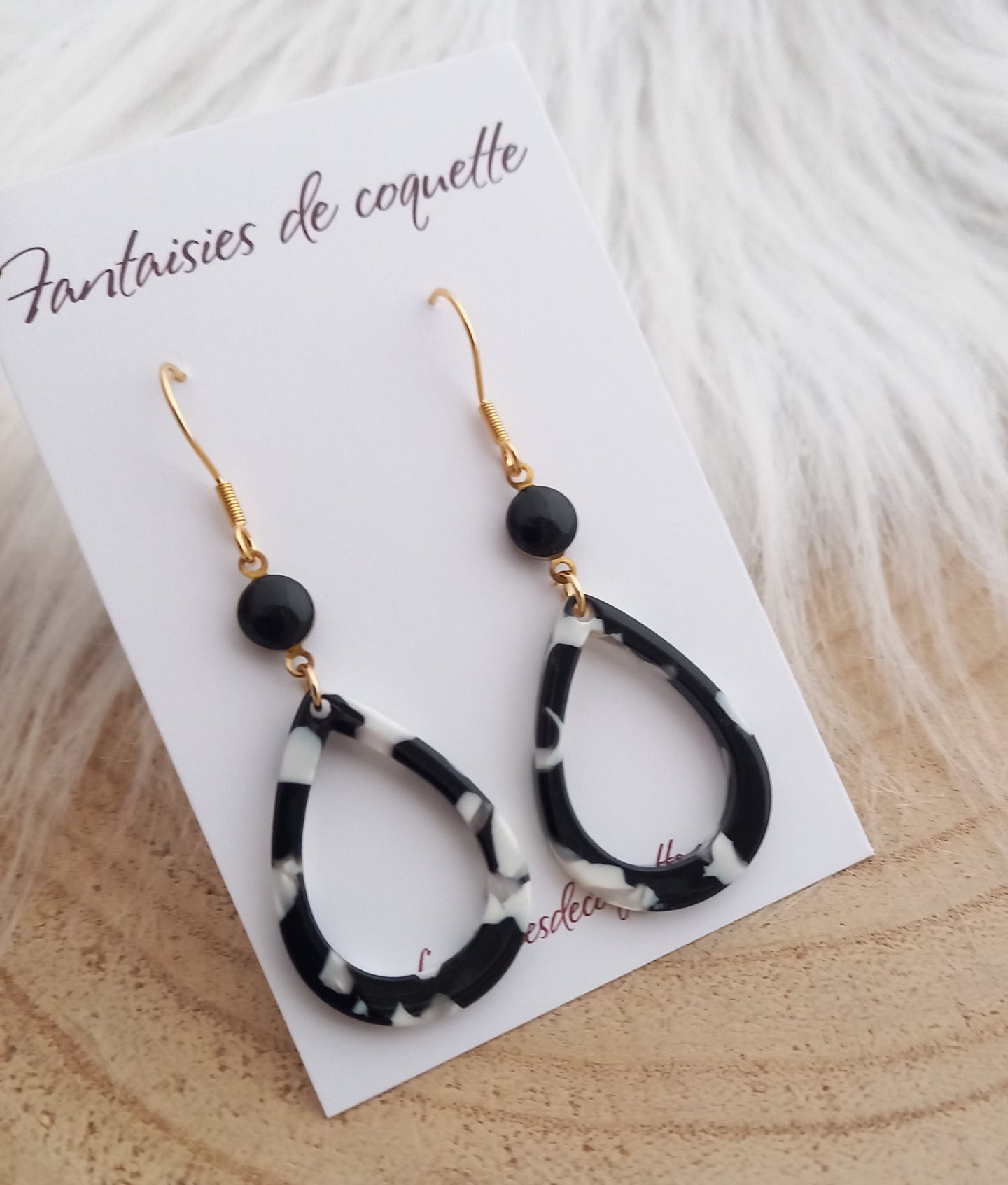 Boucles d'oreilles  Résine  Noir Blanc Doré ❤ Idée cadeau