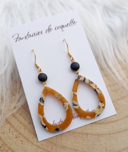 Boucles d'oreilles    Acier inoxydable Doré Résine moutarde camel noir   ❤ Idée cadeau