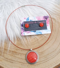 Charger l&#39;image dans la galerie, Parure Collier Ras du cou Pendentif illustré Petits pois ❤ blanc rouge  &amp; Boucles d&#39;oreilles  puces assorties 🌿 Acier inoxydable argenté