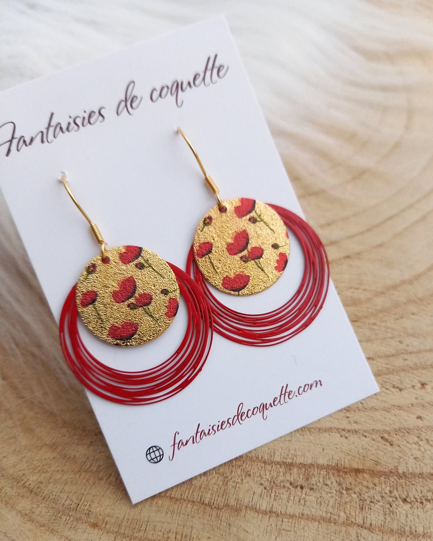 Boucles d'oreilles Coquelicots   Acier inoxydable Rouge doré  Fait-main