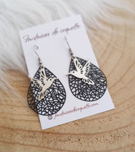 Charger l&#39;image dans la galerie, Boucles d&#39;oreilles Petit colibri ❤ Noir argenté ❤ oiseau