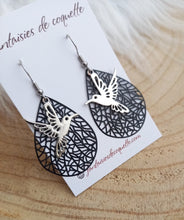 Charger l&#39;image dans la galerie, Boucles d&#39;oreilles Petit colibri ❤ Noir argenté ❤ oiseau