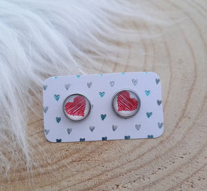 Boucles d'oreilles  clous illustrés  Coeurs  Blanc Rouge ❤ Fait main ❤ puces