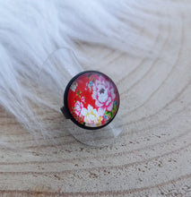 Charger l&#39;image dans la galerie, Bague Fantaisie illustrée Fleurs  Rouge Taille Réglable