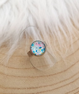 Bague Fantaisie illustrée  Taille Réglable   Fleurs   Bleu rose