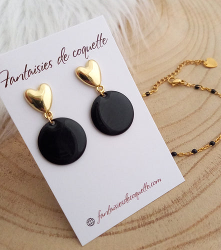 Boucles d'oreilles Clous coeur emaillé Noir doré ❤ Fait main ❤