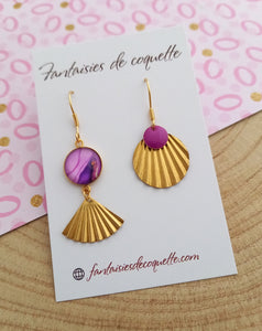 Boucles d'oreilles  asymétriques dorées Mauve Fait-main ❤ dépareillées