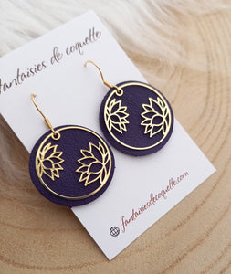 Boucles d'oreilles Fleur de Lotus Cuir Violet doré ❤ Fait main ❤