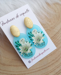 Boucles d'oreilles  Clous  ❤ Résine Bleu vert blanc doré Fleurs