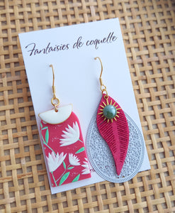 Boucles d'oreilles  asymétriques dorées  Géométrique   Rose vert blanc Fait-main ❤ dépareillées