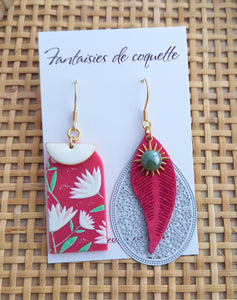 Boucles d'oreilles  asymétriques dorées  Géométrique   Rose vert blanc Fait-main ❤ dépareillées