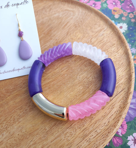 Bracelet  Tendance  perles tubes   mauve doré   ❤ Fait main ❤