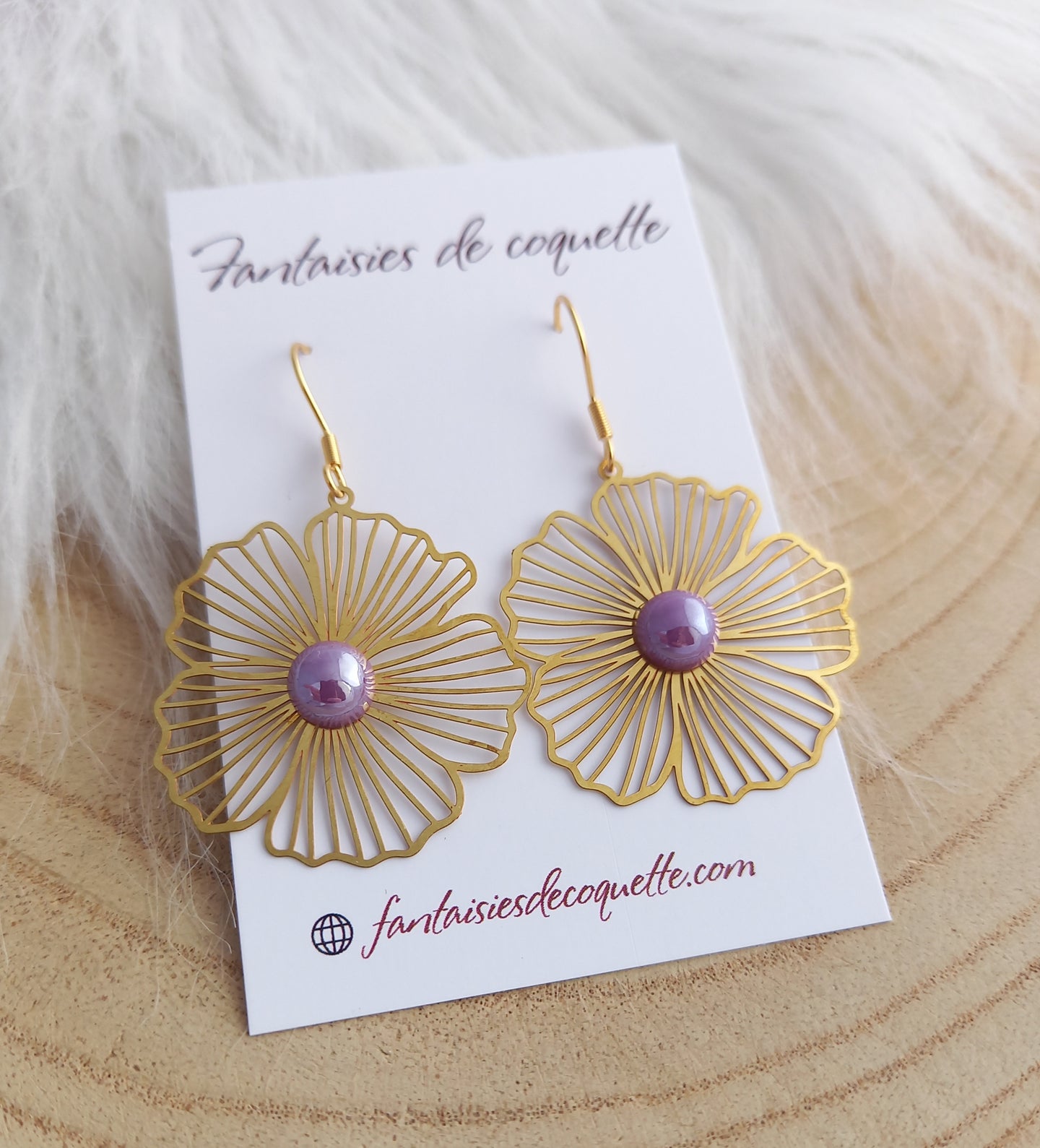 Boucles d'oreilles  Fleur céramique  Mauve doré ❤ Fait main ❤