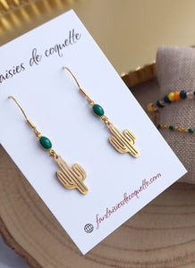 Boucles d'oreilles Cactus   Acier inoxydable Doré vert ❤ Idée cadeau