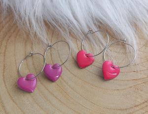 Boucles d'oreilles    Créoles argentées Coeur Rose ou Mauve  coeurs